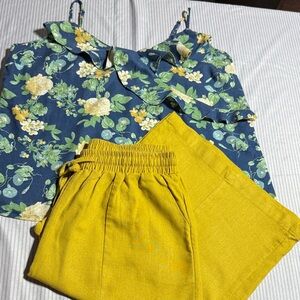 Floral Blue Top and Yellow Pants Set